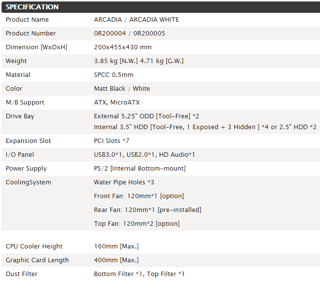 Raijintek Arcadia Specifications