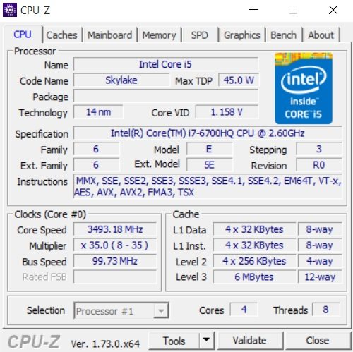 MSI GE62 6QD CPU-Z