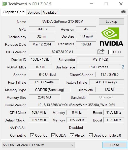 MSI GE62 6QD GPU-Z