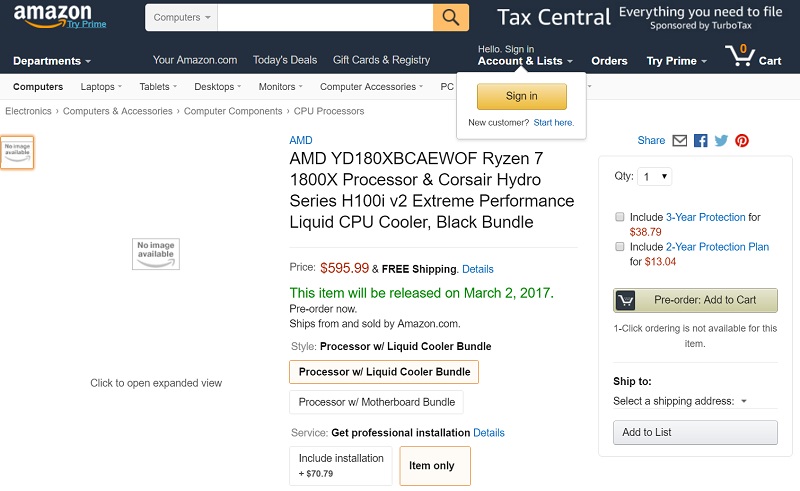 Amazon AMD Ryzen R7 1800X Listing