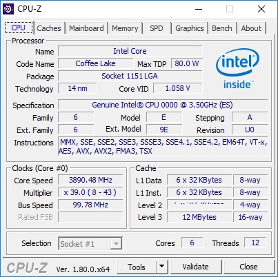 Intel Coffee Lake 6 Core cpu z