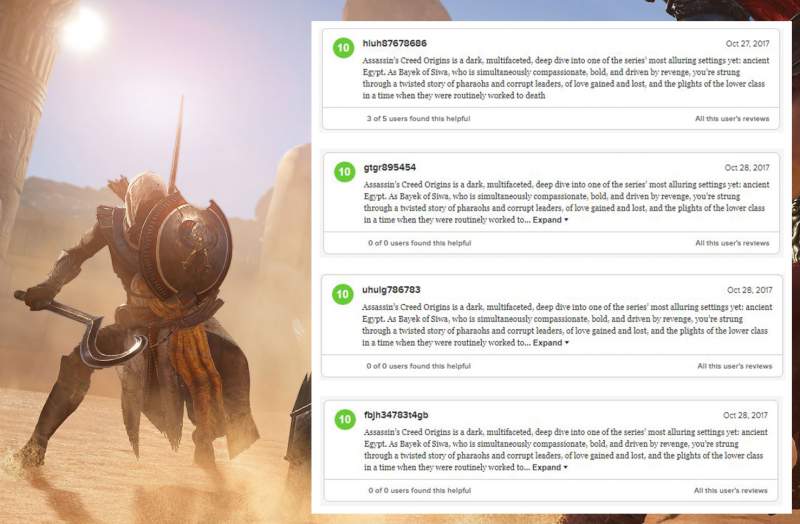 Assassin's Creed Origins was Flooded with Fake Positive User