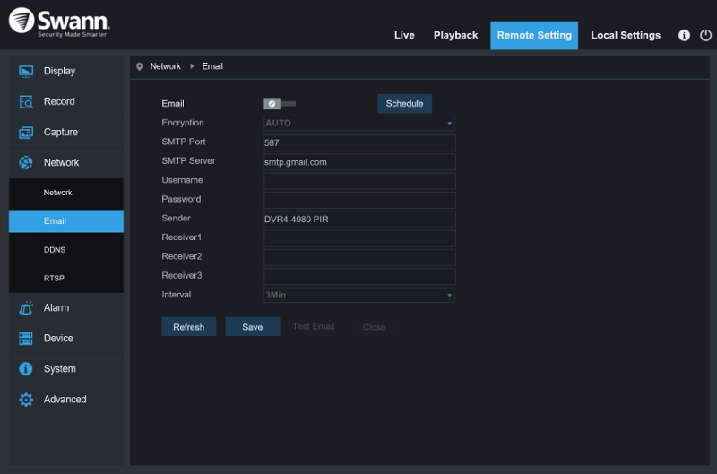 swann cctv email setup