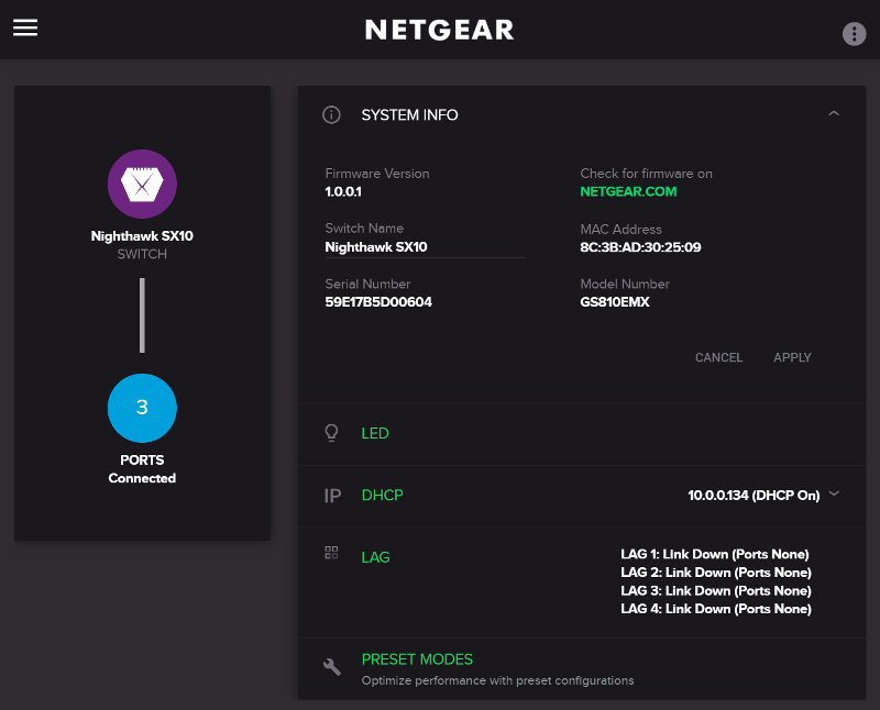 NETGEAR Nighthawk SX10 SS00 User Interface