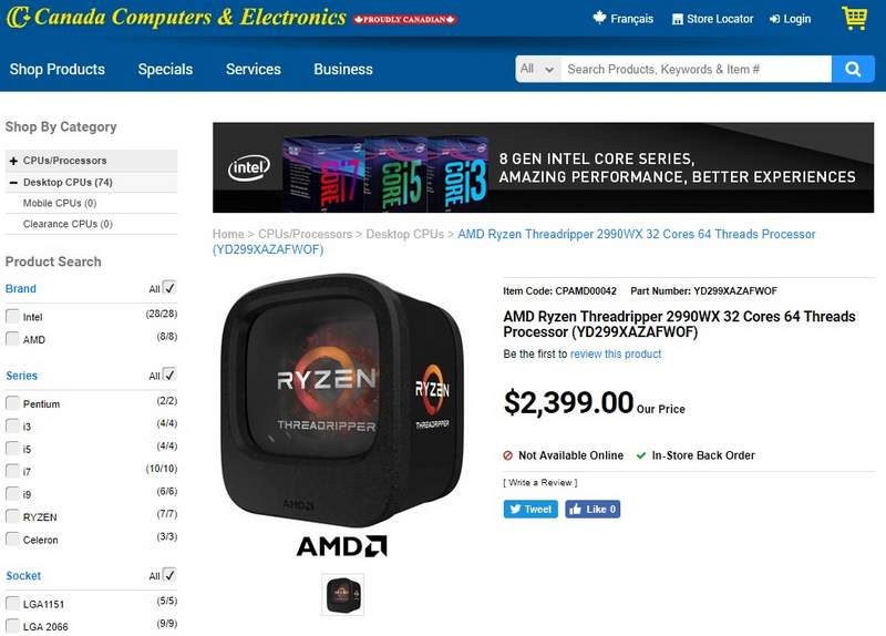 AMD Threadripper 2990X 32C/64T CPU Price Listed in Canada