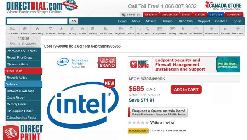 Intel i9-9900K Gets Listed Online for $685 CAD ($520 USD)