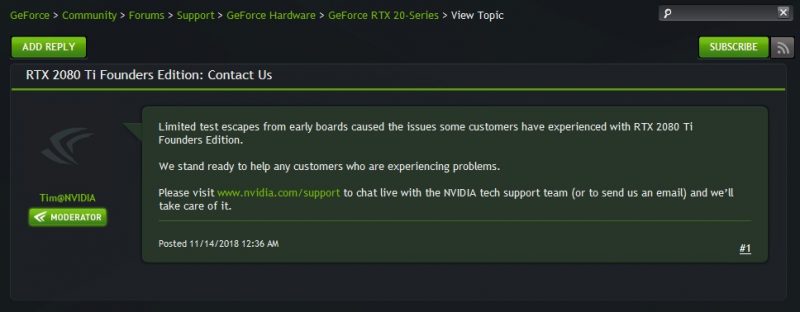 NVIDIA Officially Admits RTX 2080 Ti Founder's Edition Issues
