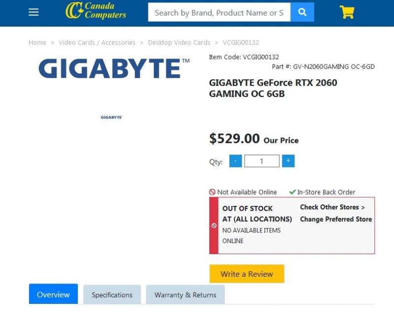 Gigabyte RTX 2060 OC 6GB Listed Early at Canadian Retailer