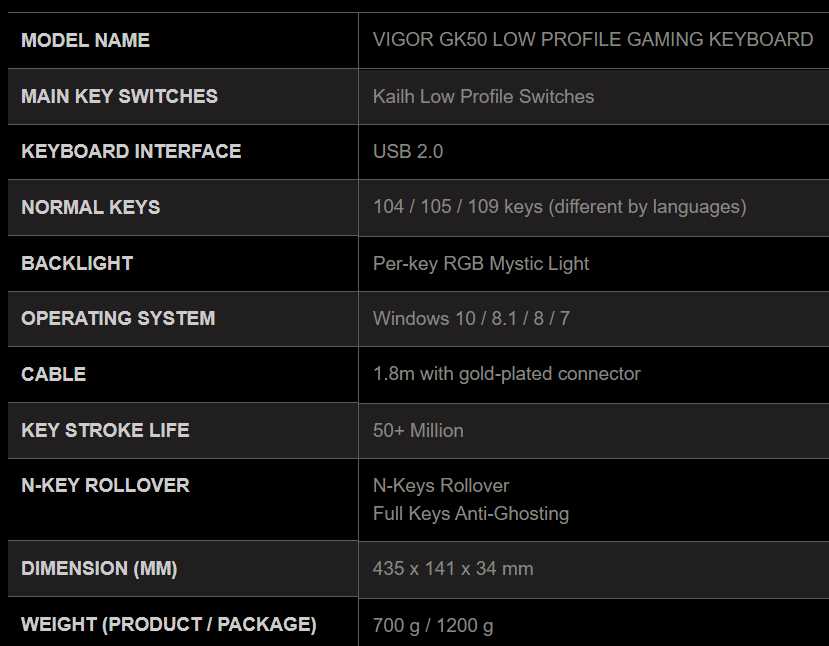 msi gk50 specifications