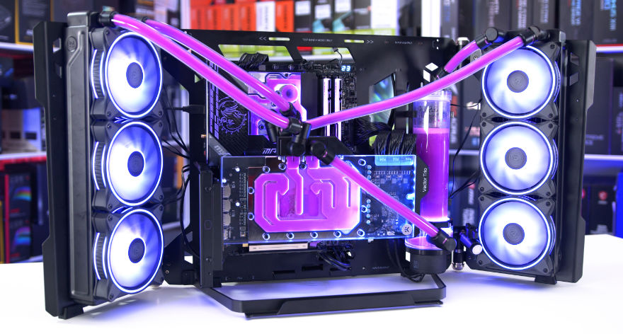 Cooler Master MasterFrame 700 fully lit up without tempered glass front panel 