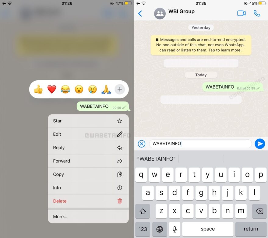 WA EDITING MESSAGES EDIT ACTION LABEL DISMISS IOS 1